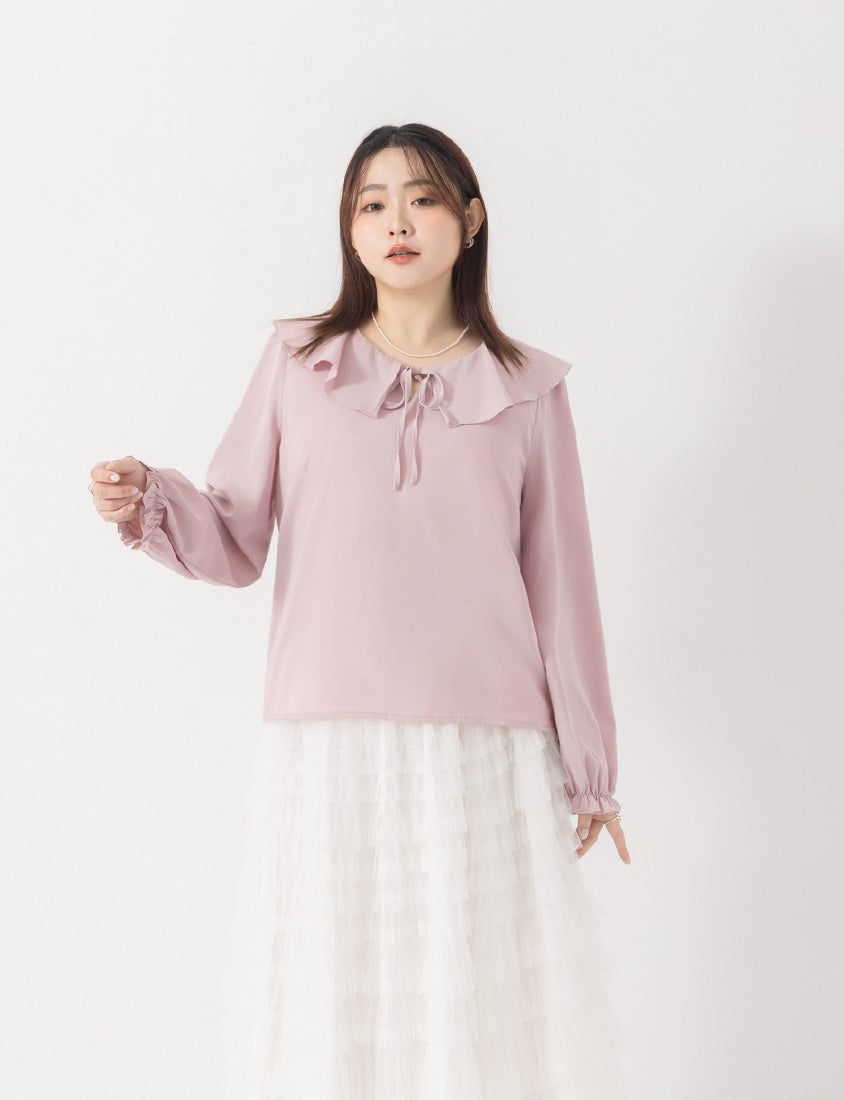 MISS. Soft Ruffle Collar Plus Size Puff Sleeve Top