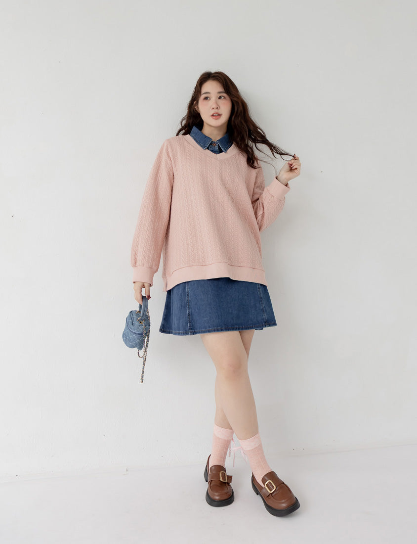 Korean Style V-Neck Embossed Cable Plus Size Sweater