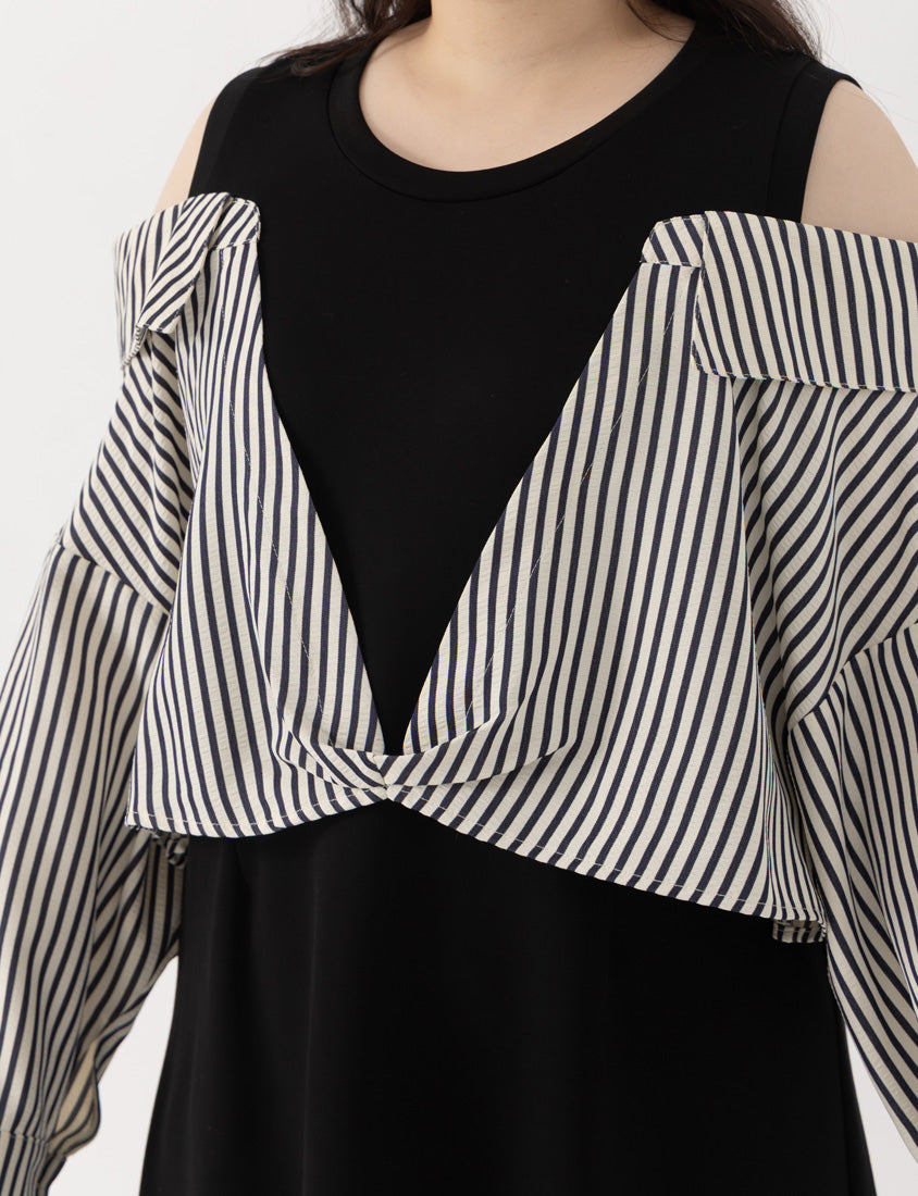 Faux Two Piece Cloud Cotton Contrast Stripe Plus Size Dress