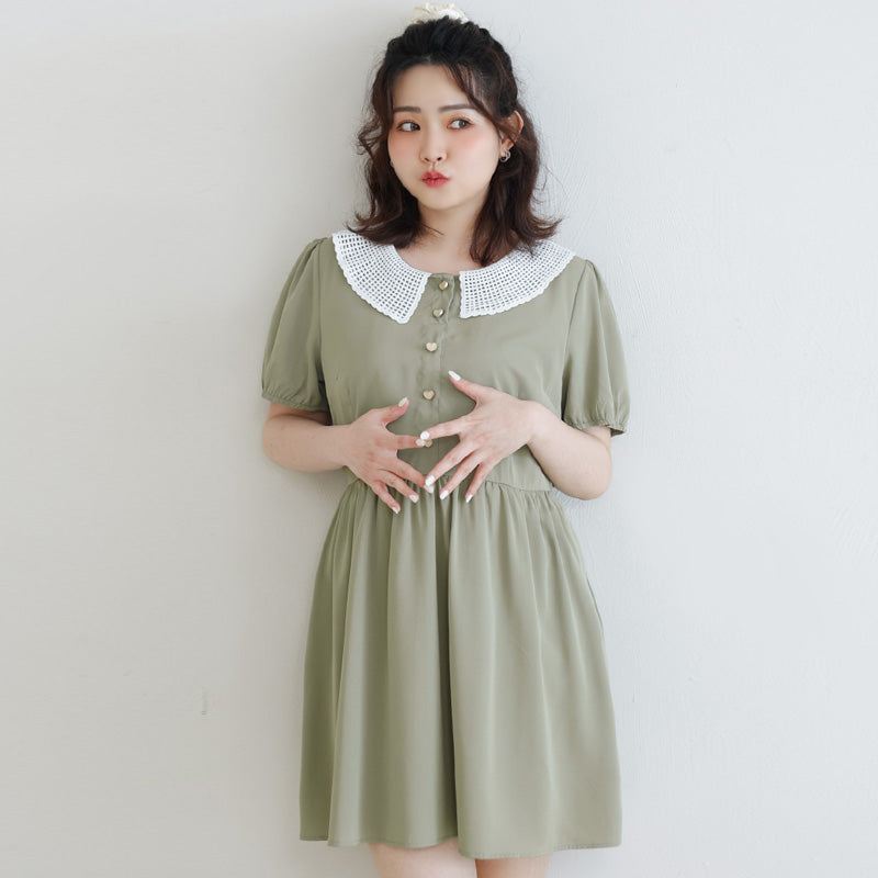 Lace Large-Collar Puff Sleeve Plus Size Mini Dress