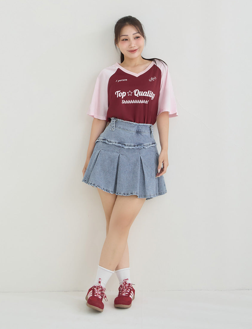 American Style Contrast V-Neck Oversized Jersey Plus Size Tee