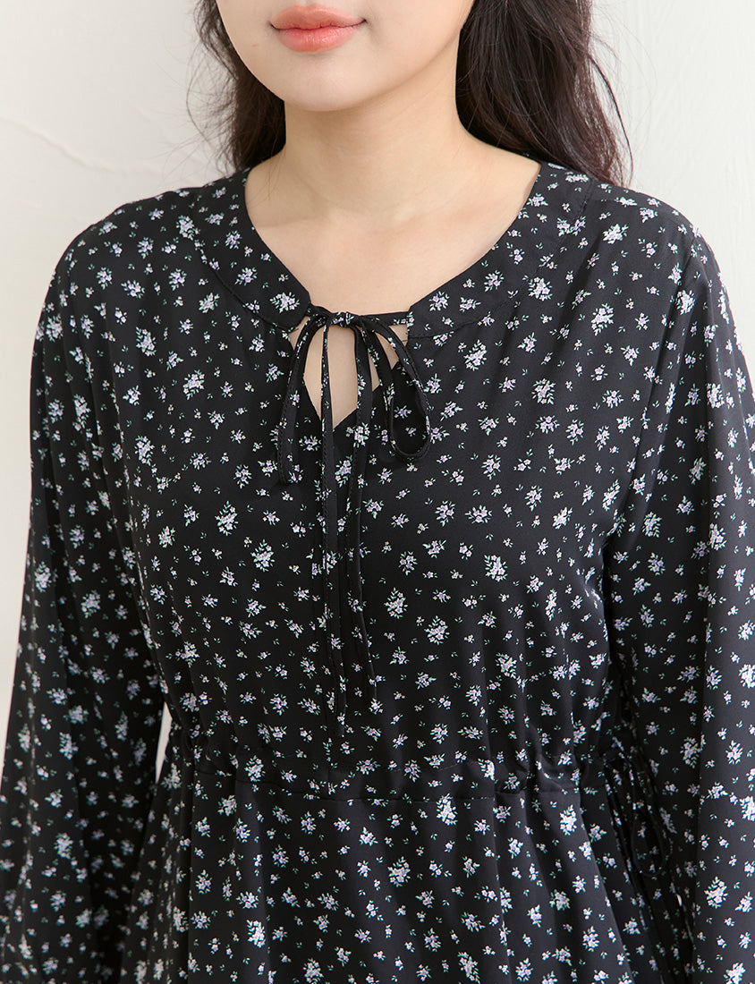 Early Spring Floral Tie-Front Long Sleeve Plus Size Mini Dress