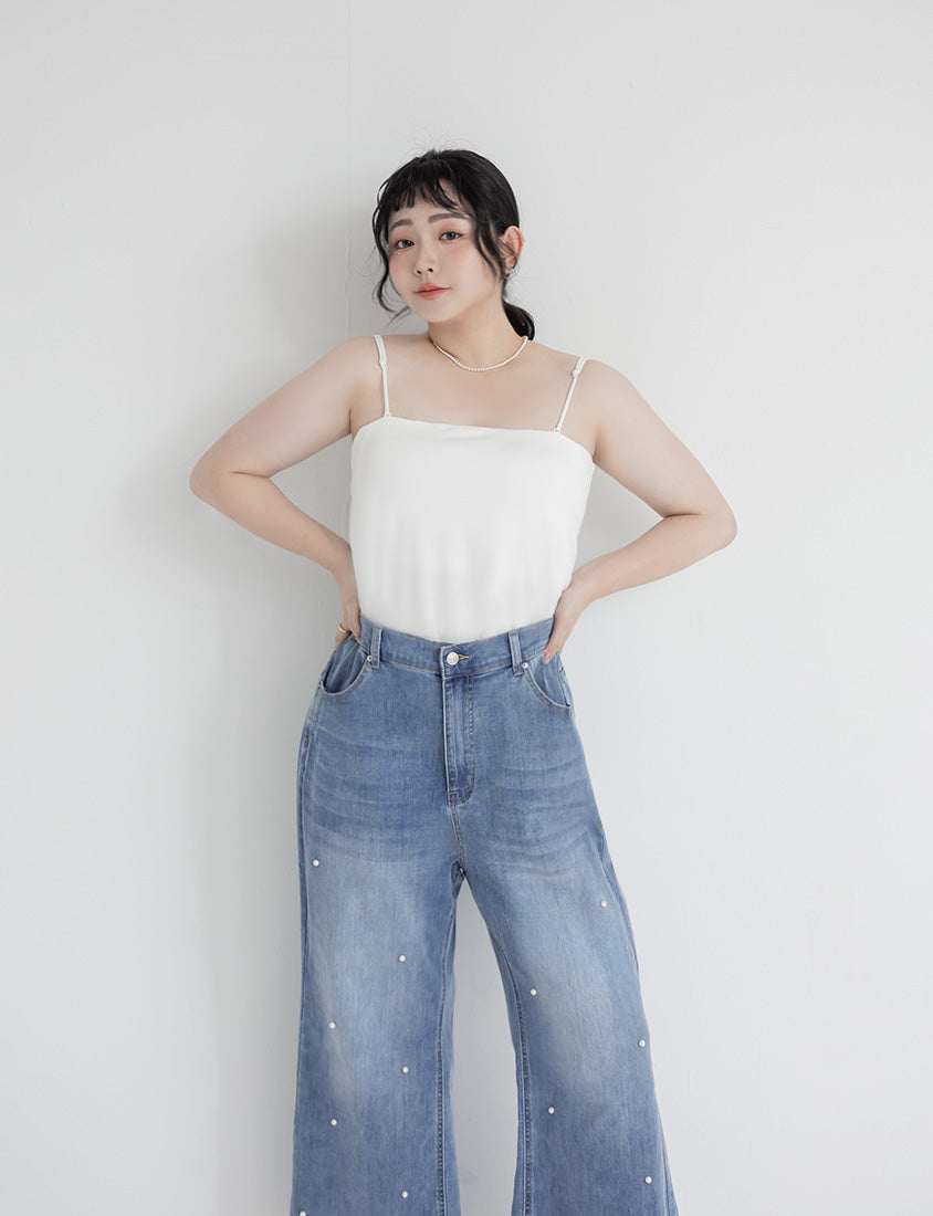 Pearl Embellished Stretch Denim Plus Size Wide Leg Pants