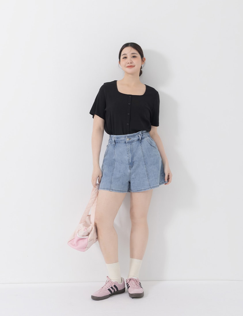 Playful Bubble Hem Stitch Plus Size Denim Shorts