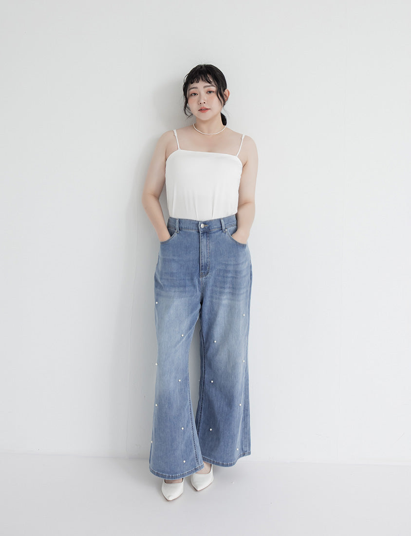 Pearl Embellished Stretch Denim Plus Size Wide Leg Pants