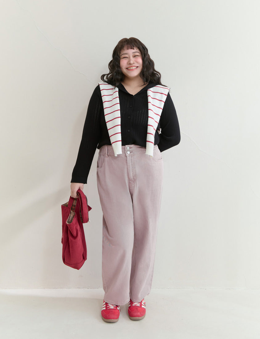 Openwork Knit Hooded Button-Up Plus Size Long Sleeve Cardigan
