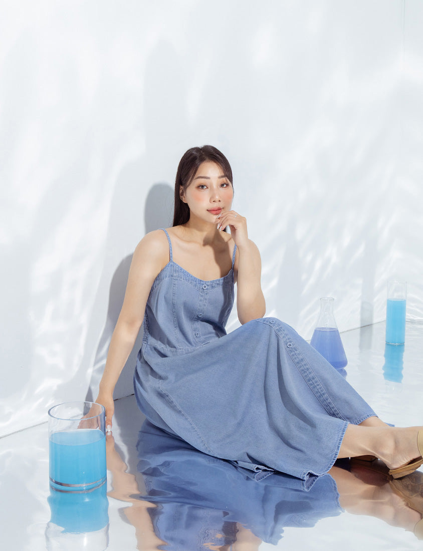 Tencel Silky Denim Faux Button Strap Plus Size Maxi Dress