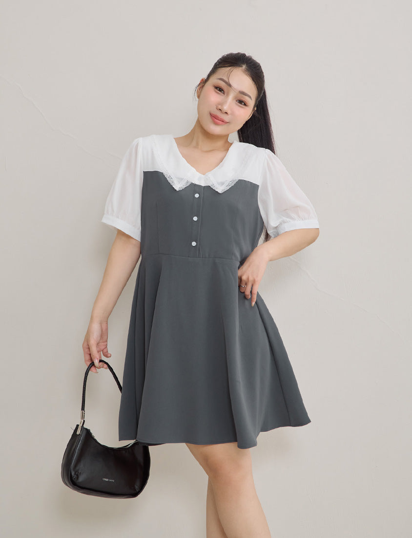 Faux Two Piece Lace Collar Plus Size Mini Dress