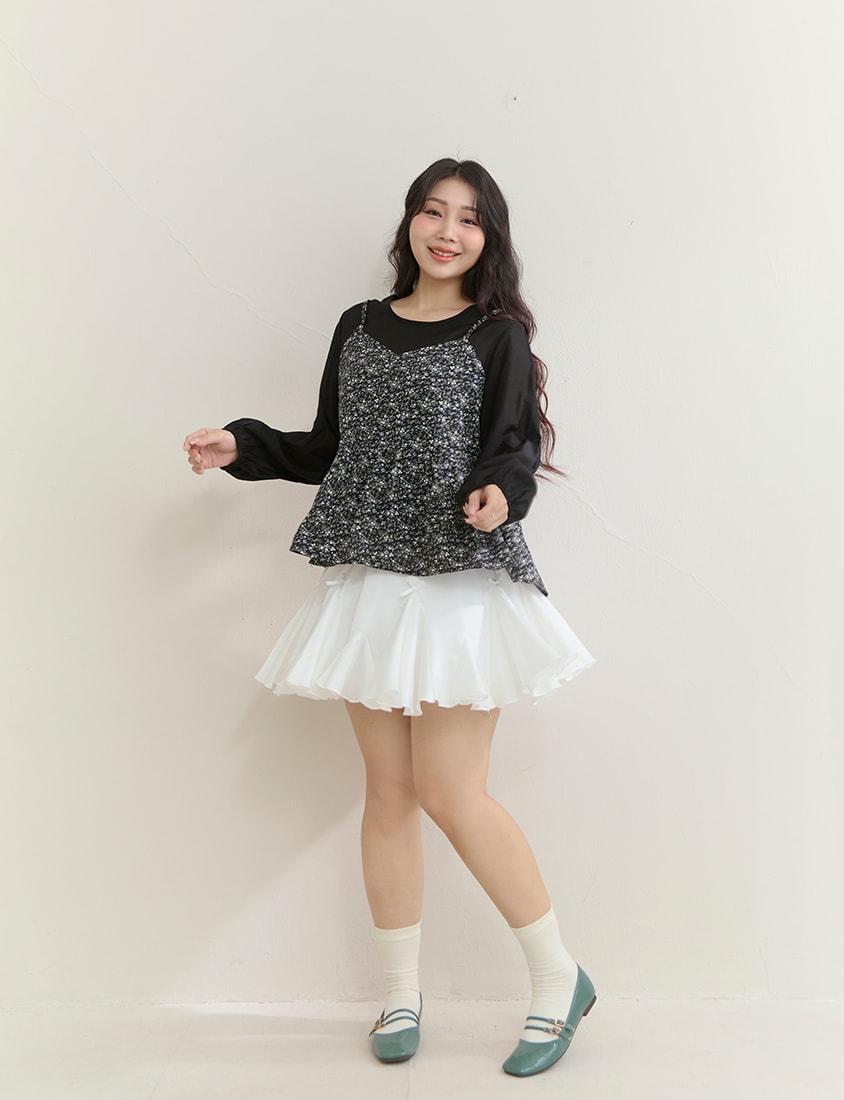 Floral Faux Two Piece Sheer Plus Size Long Sleeve Top