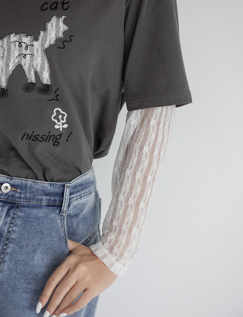 Contrast Lace Cat Faux Two-Piece Plus Size Tee