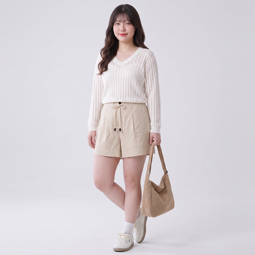 V-Neck Openwork Ribbed Knit Long Sleeve Plus Size Top