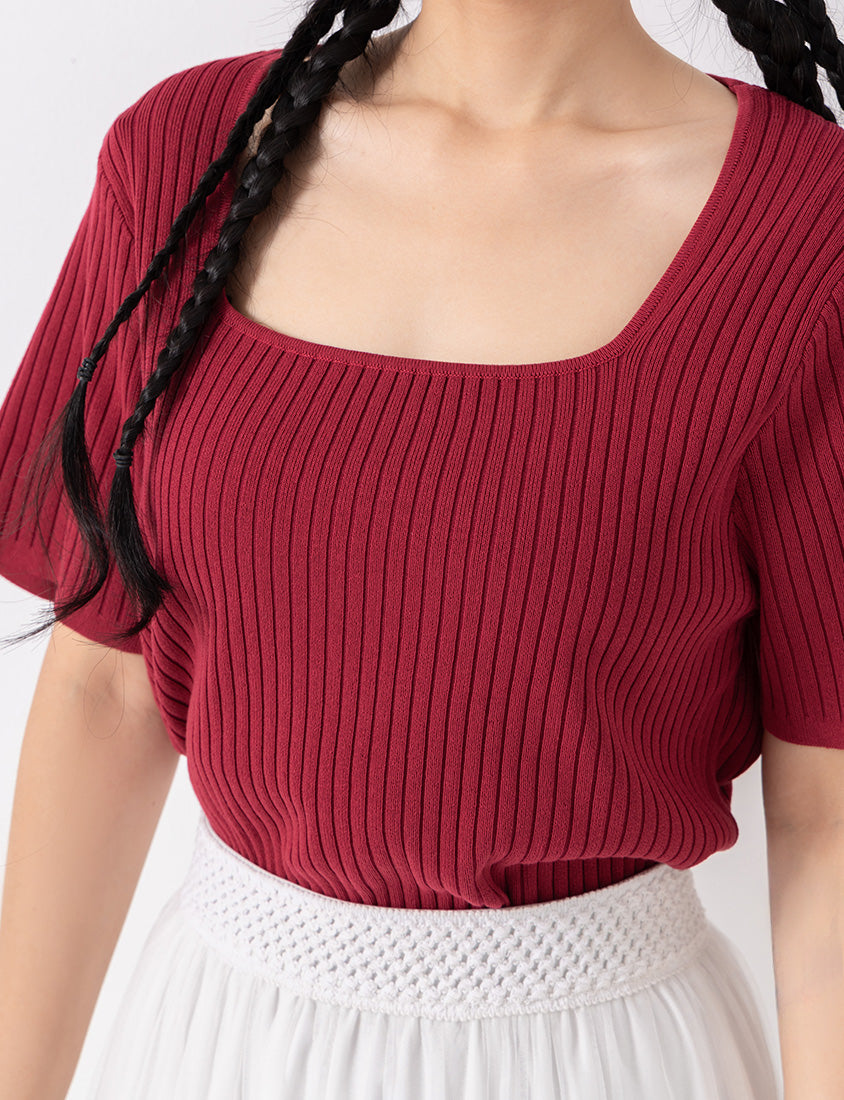 Classic Multicolor Square Neck Ribbed Knit Plus Size Top