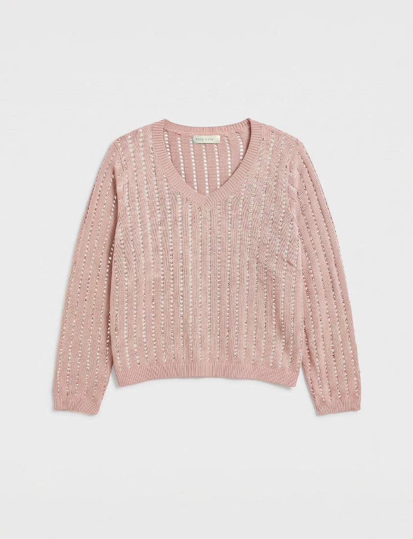V-Neck Openwork Ribbed Knit Long Sleeve Plus Size Top