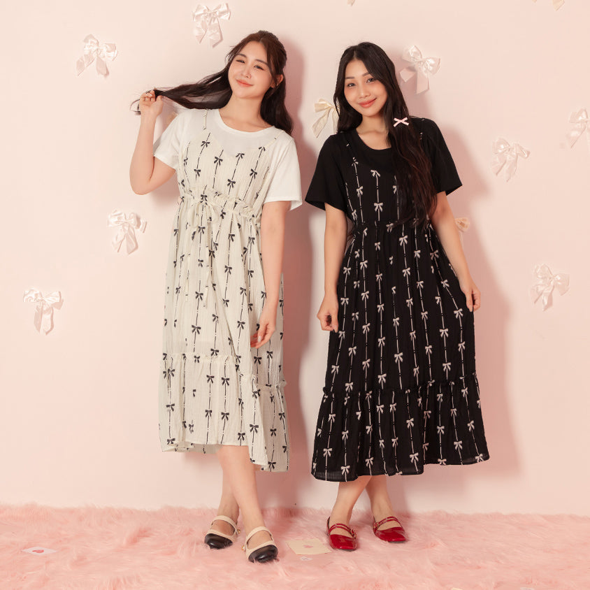 Sweet Chiffon Bow Faux Two-Piece Plus Size Maxi Dress