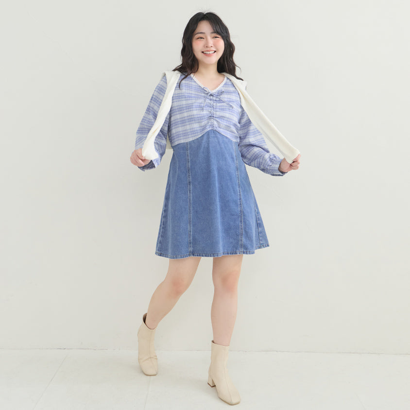 Vintage Plaid Faux Two-Piece Denim Plus Size Mini Dress