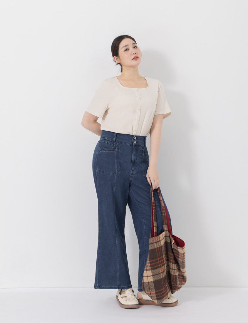 Tencel Ribbed Faux Button Square Neck Plus Size Top