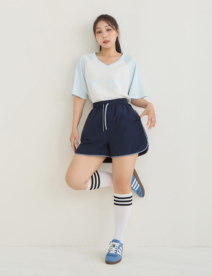 American Style Contrast V-Neck Oversized Jersey Plus Size Tee