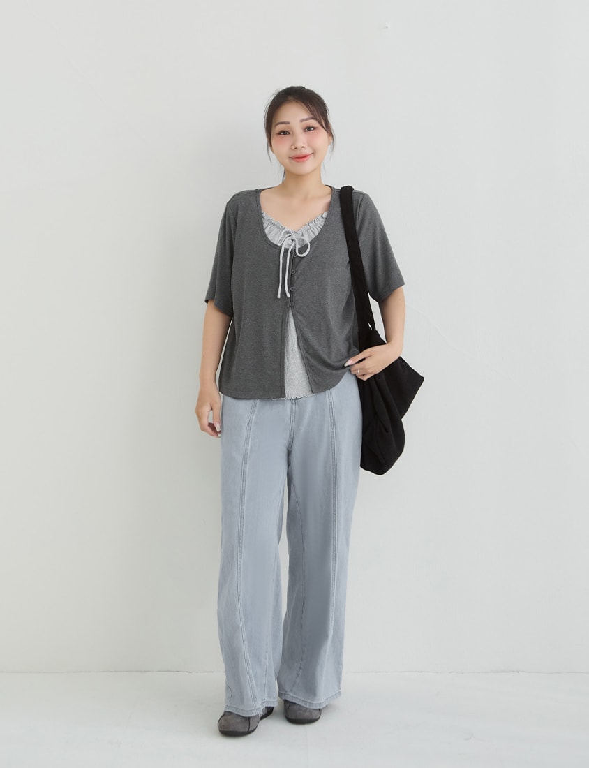 Korean Style Lace Trim Faux Two Piece Plus Size Top
