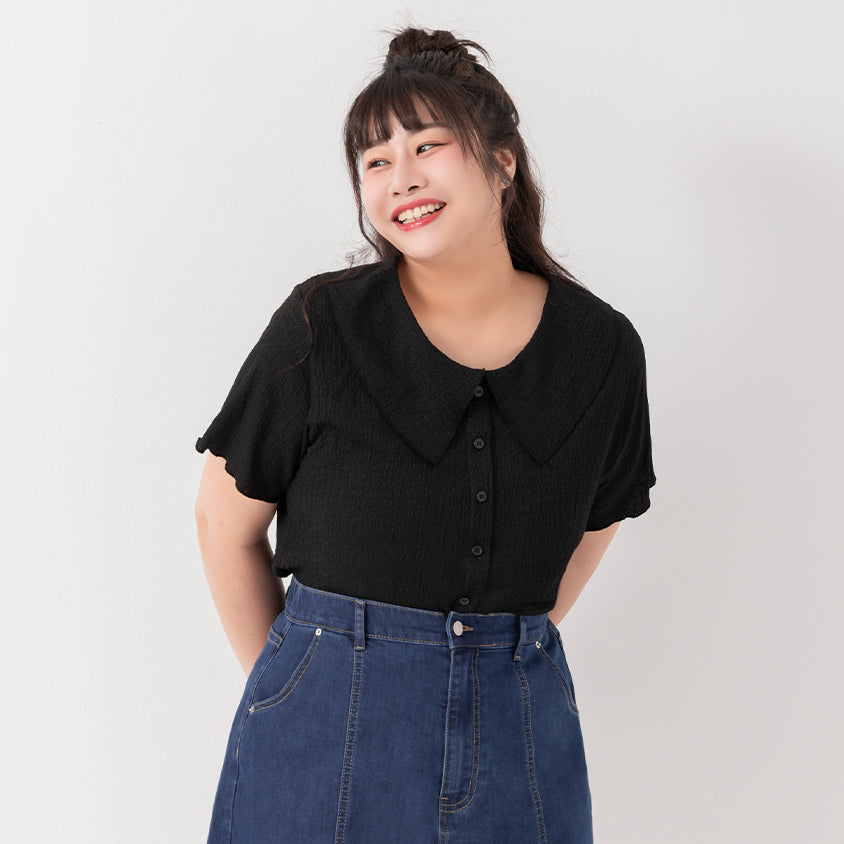 Collared Crinkle Faux Button Short Sleeve Top