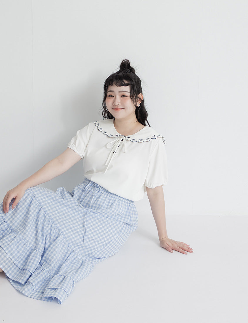 Cute Bow Embroidered Collared Plus Size Top