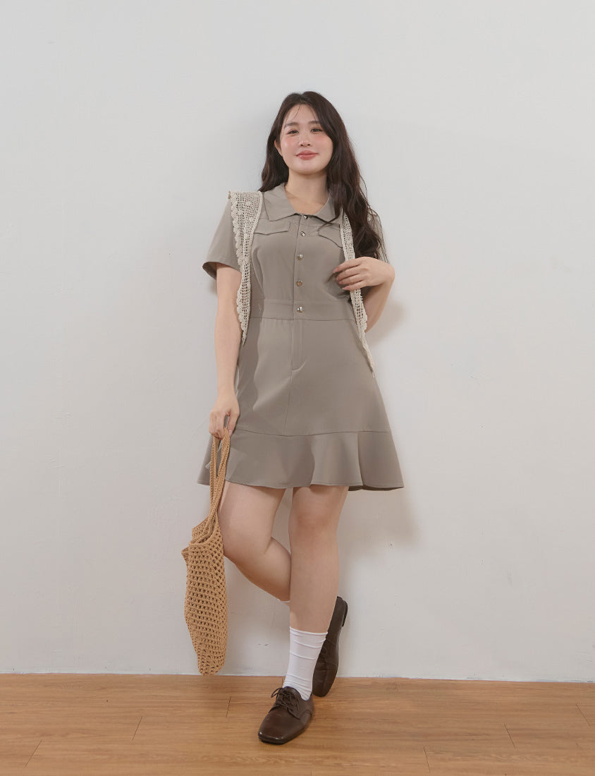 Elegant Heart Button Collar Plus Size Mini Dress