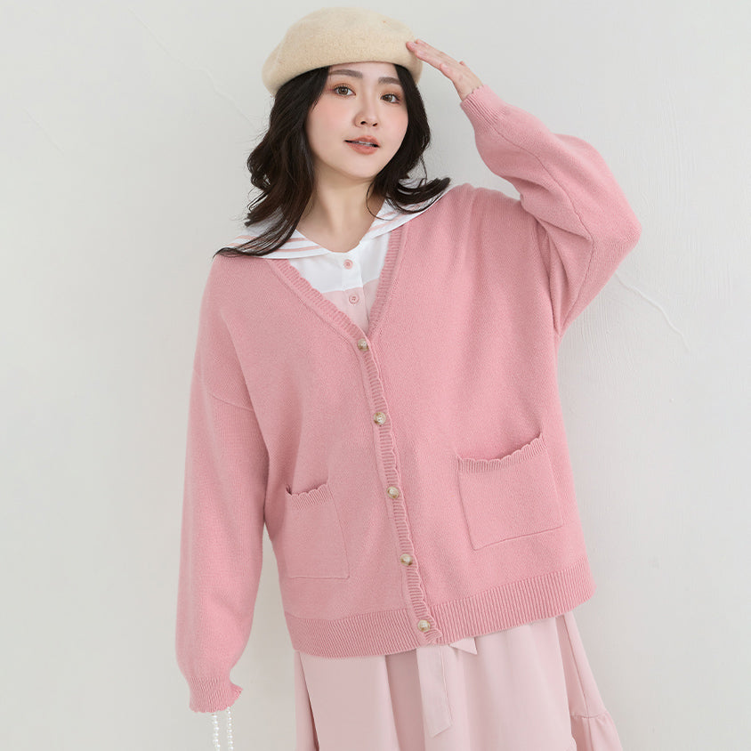 Cute Lettuce Trim V-Neck Knit Plus Size Cardigan