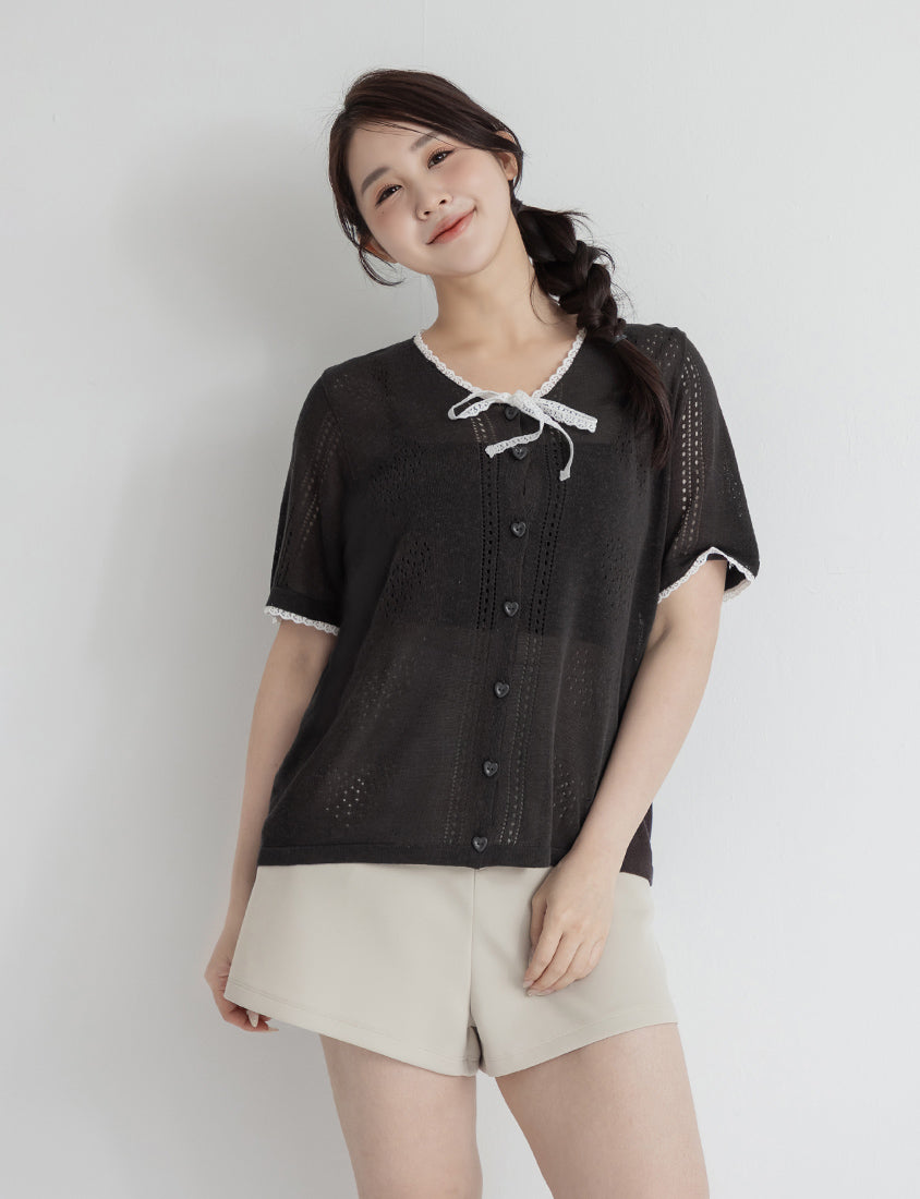 Lace Collar Heart Cutout Plus Size Knit Cardigan