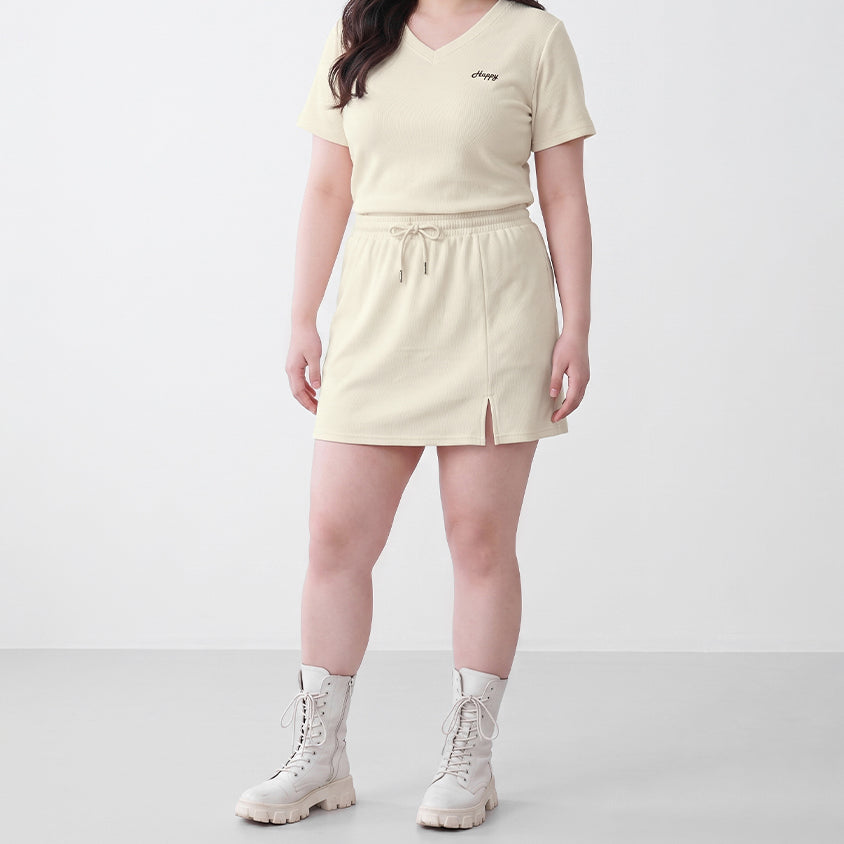 Soft Stretch Cotton Side Slit Drawstring Plus Size Mini Skirt