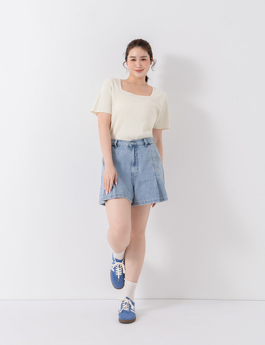 Classic Multicolor Square Neck Ribbed Knit Plus Size Top
