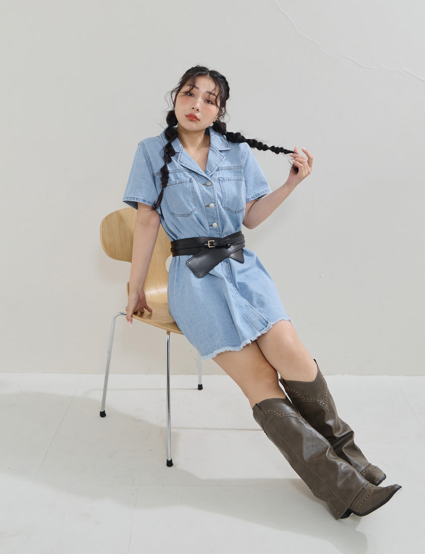 Frayed Hem Pocket Denim Plus Size Mini Dress