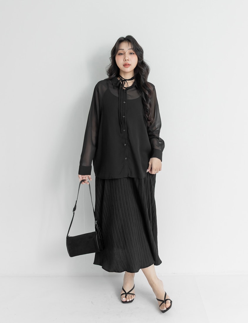 Sheer Shirt With Strap Dress Plus Size Set (With Waist Tie)