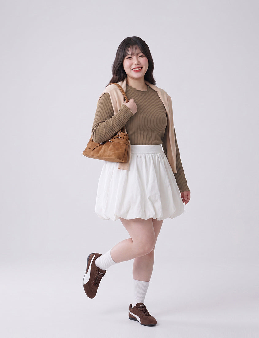 Soft Wide Ribbed Ruffle-Trim Long Sleeve Plus Size Top