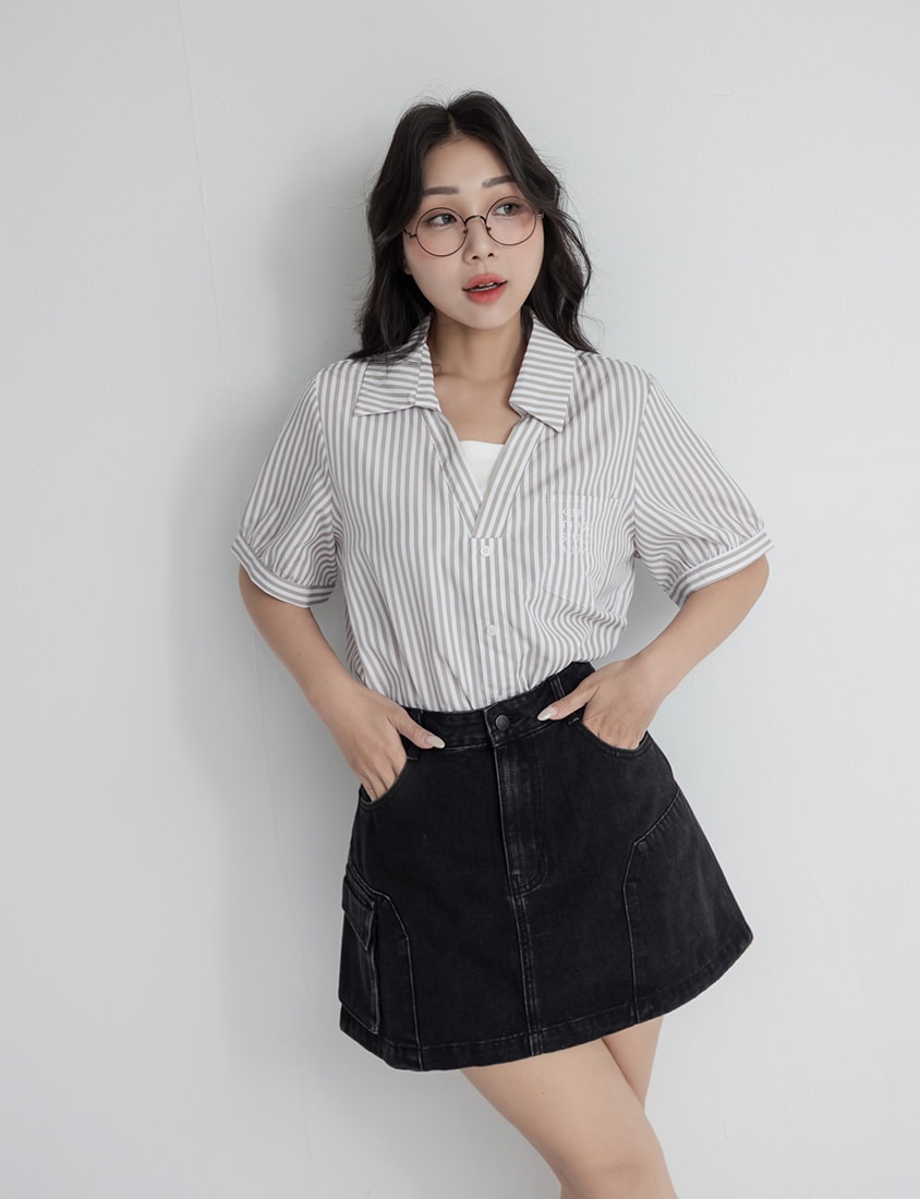 Faux Two Piece Stripe Collar Plus Size Top