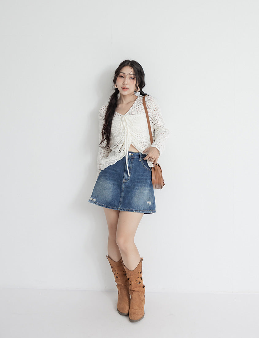 MUA! Lace Openwork Drawstring Knit Plus Size Top