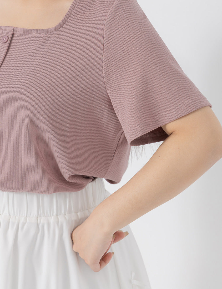 Tencel Ribbed Faux Button Square Neck Plus Size Top