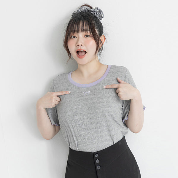 Bow Embroidery Ruffle Crinkle Plus Size Top
