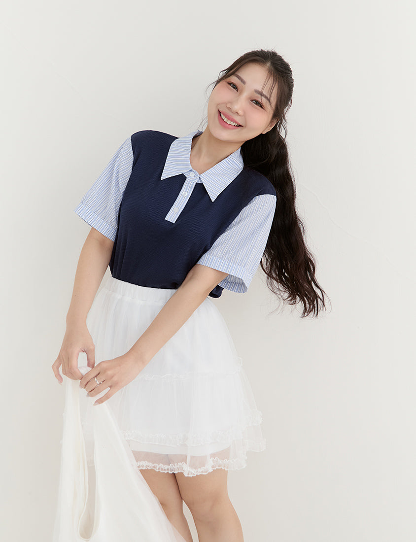 Waffle Knit Contrast Stripe Plus Size Top