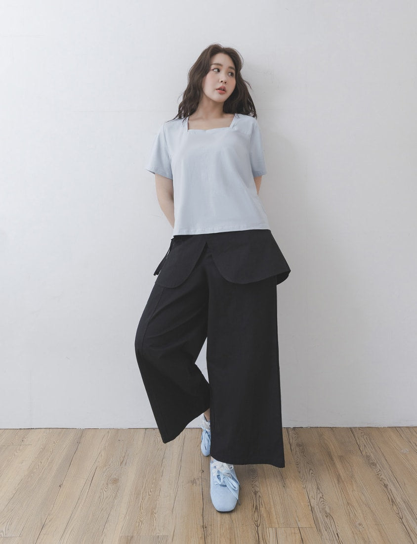 Layered Twill Plus Size Wide-Leg Pants (with Skirt Panel)
