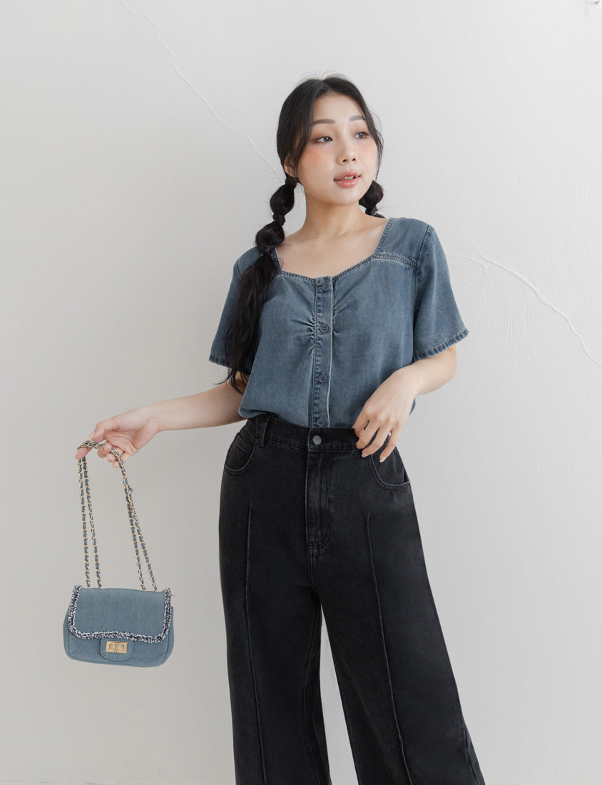 Front Ruched Button-Up Plus Size Denim Top