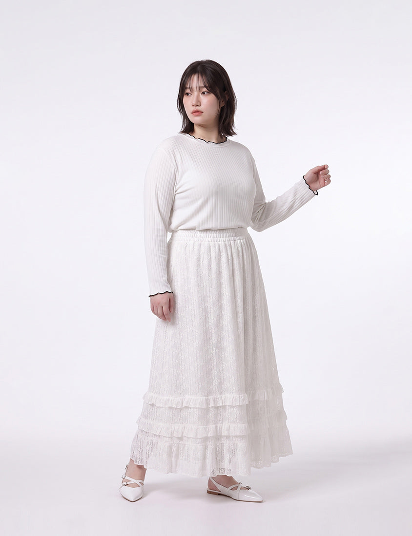 Soft Wide Ribbed Ruffle-Trim Long Sleeve Plus Size Top