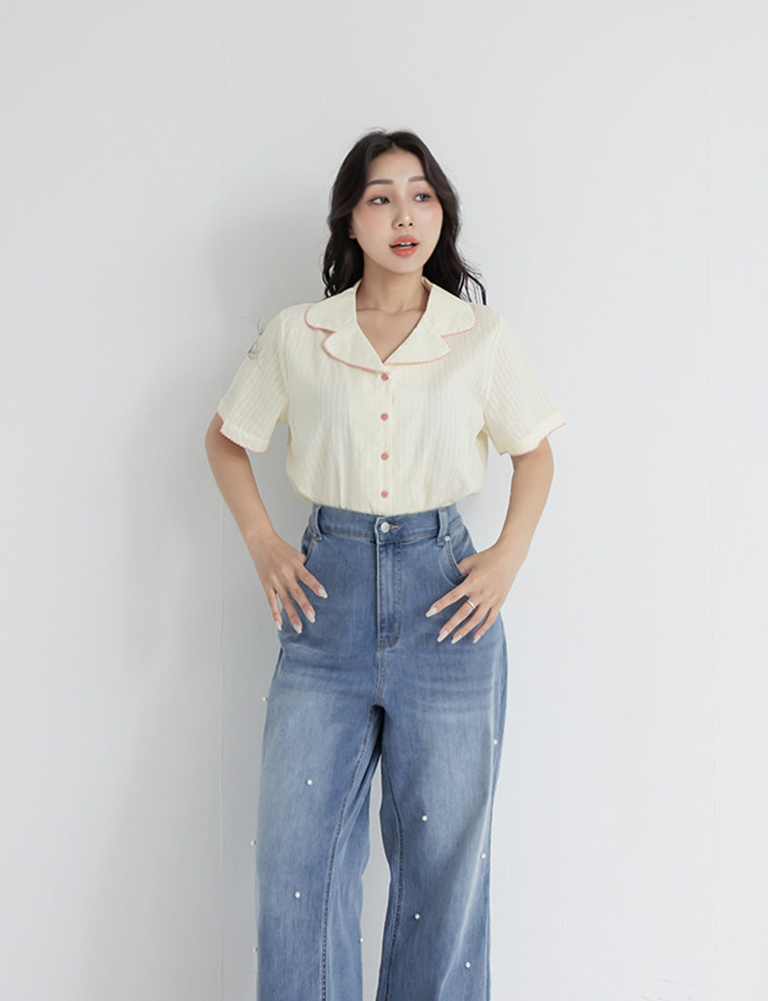 Cute Jacquard Contrast Cuban Collar Plus Size Shirt