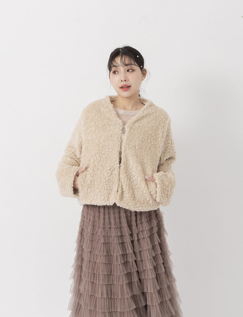 MISS. Japanese Style V-Neck Curly Knit Plus Size Cropped Jacket
