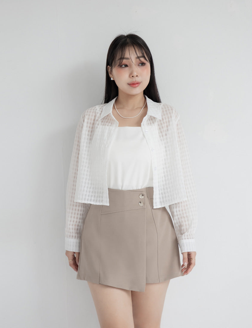 MISS. Sheer Plaid Cropped Plus Size Long Sleeve Shirt