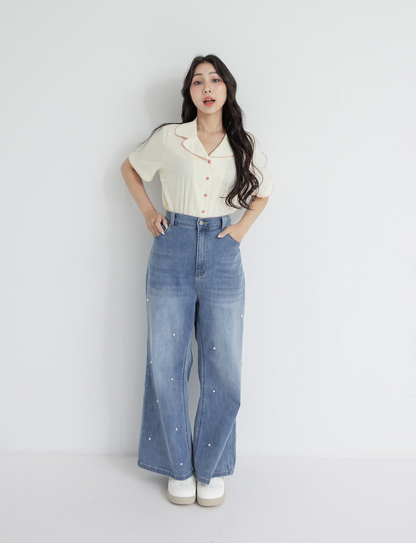 Cute Jacquard Contrast Cuban Collar Plus Size Shirt