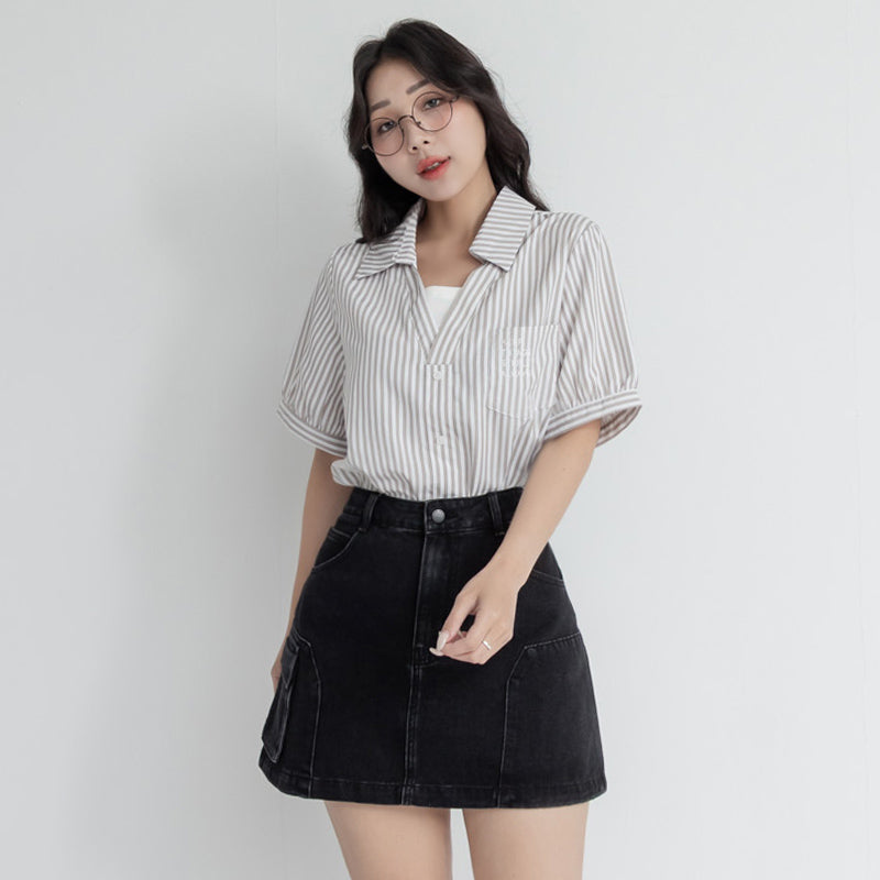 Faux Two Piece Stripe Collar Plus Size Top