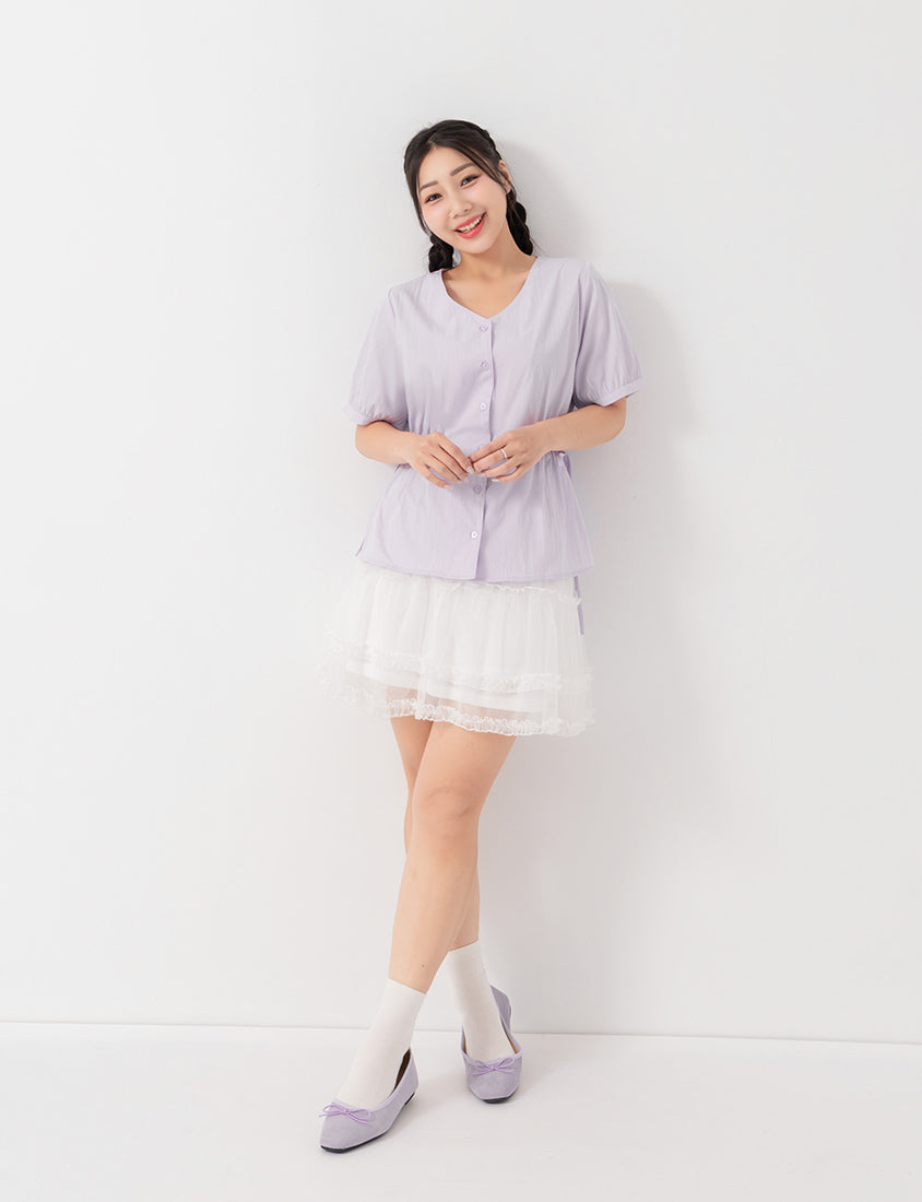 V-Neck Button Front Tie Waist Plus Size Top