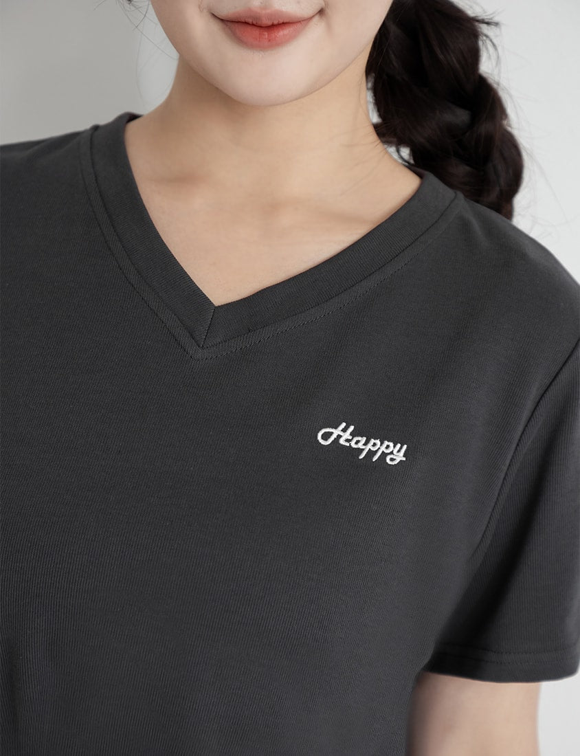 Soft Stretch Cotton Minimal Embroidered V-Neck Plus Size Tee