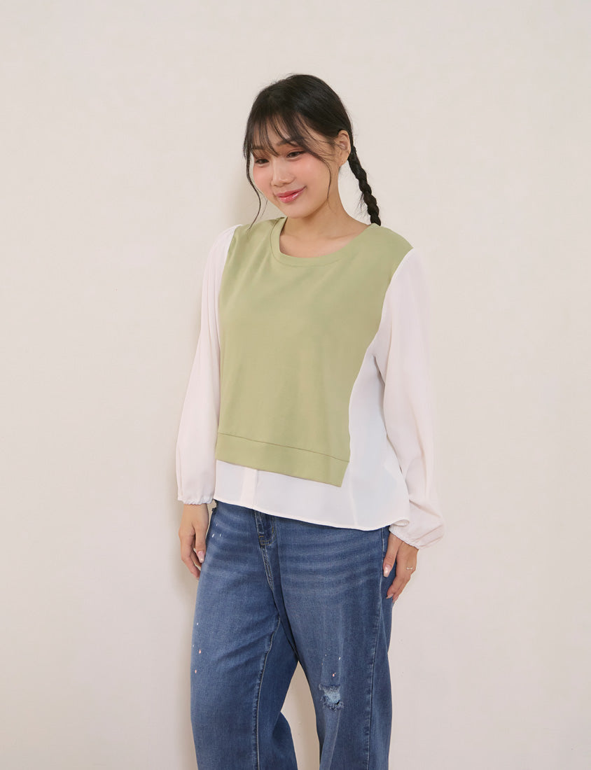 Crewneck Puff Sleeve Faux Two Piece Plus Size Long Sleeve Top