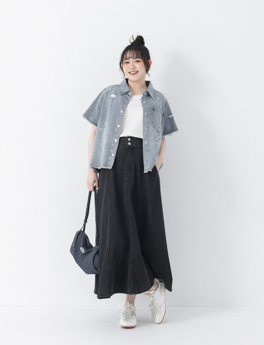 Tencel Silky Denim Distressed Plus Size Shirt Jacket