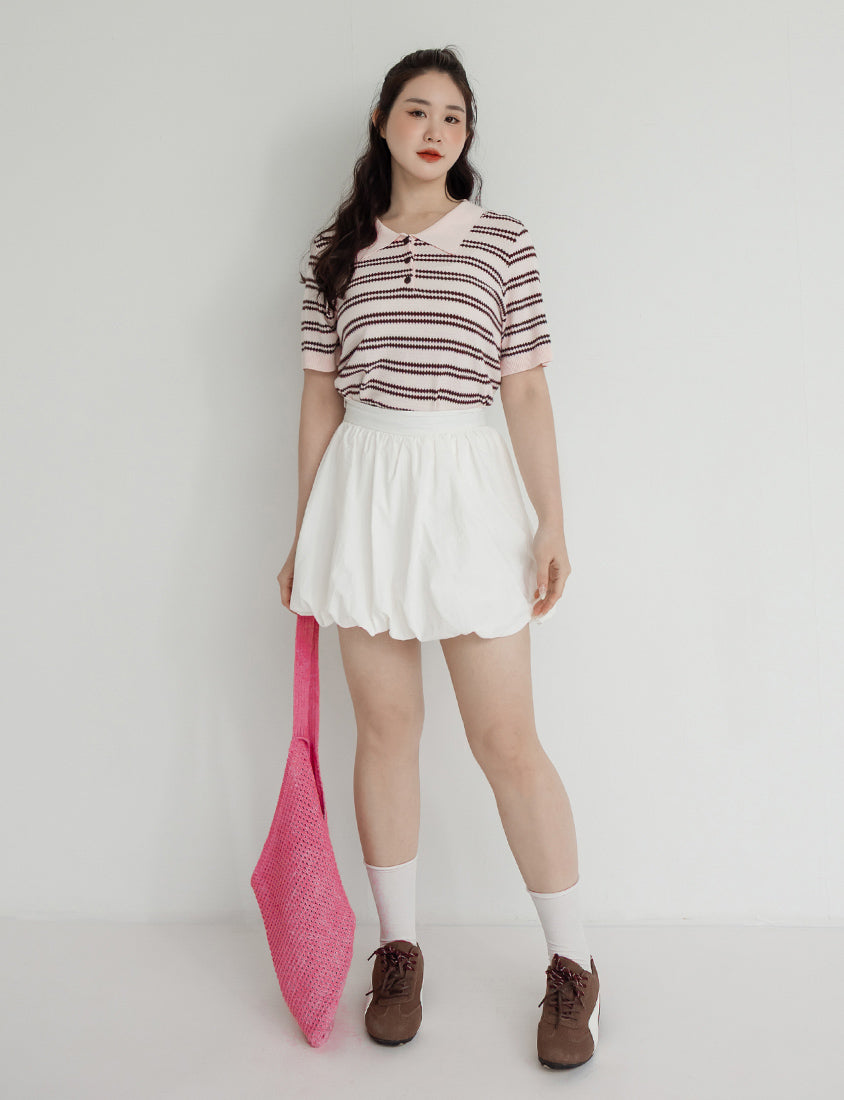 Collared Striped Knit Short Sleeve Plus Size Top
